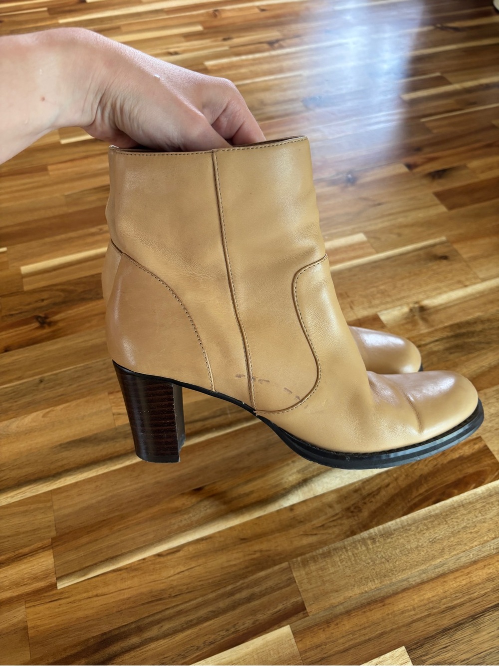 Nickels Tan Leather Ankle Booties with Stacked Heel